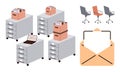 Office File Storage with Filing Cabinets, Boxes, Chairs, and Open Envelope for Communication Theme Royalty Free Stock Photo