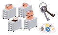 Office Storage Cabinets with Documents, Keys, Laptop, and Gear Icons Representing Security and Organization Royalty Free Stock Photo