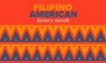 Filipino American History Month. Happy holiday, celebrate in October. Filipinos and United States flag. Vector poster