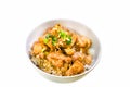 Filipino chicken adobo with rice top view