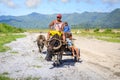 Filipino farmers riding a water cow cart along the volcanic field near Mount Pinatubo on Aug 27, 2017 in Capas, Central Luzon, Ph