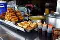 Filipino food called lumpiang toque, tokwa or fried tofu and lugaw or rice porridge at an eatery