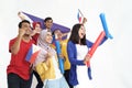 Filipino group of people holding philippines flag celebrating