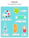 Fill alphabet in the blanks about medical in science subject exercises sheet kawaii doodle vector