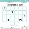 Fill missing alphabet worksheet page for children, online education, kids activity