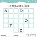 Fill missing alphabet worksheet page for children, online education, kids activity