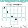 Fill missing alphabet worksheet page for children, online education, kids activity