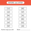 Fill in the missing numbers. Before and after. Number range up to 100. Mathematic. Worksheet for kids. School