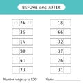 Fill in the missing numbers. Before and after. Number range up to 100. Mathematic. Worksheet for kids