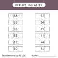 Fill in the missing numbers. Before and after. Number range up to 100. Mathematic. Worksheets for kids. School