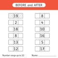 Fill in the missing numbers. Before and after. Number range up to 20. Mathematic. Worksheets for kids
