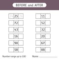 Fill in the missing numbers. Before and after. Number range up to 100. Worksheets for kids. Mathematic