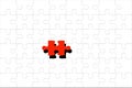 Fill the missing parts in red fragment of white jigsaw concept puzzle for succeed