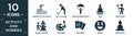 filled activity and hobbies icon set. contain flat jumping to the water, golf playing, gliding parachutist, yoga, cosplaying, Royalty Free Stock Photo