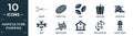 filled agriculture farming icon set. contain flat shears, riddle tool, seed, capsicum, harvester, bees, farm trailer, house, crop