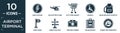 filled airport terminal icon set. contain flat high voltage, helicopter flying, duty free basket, disable, book bag with pockets,