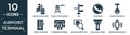 filled airport terminal icon set. contain flat waiting for flight, train to the airport, trip, telephone, airport security camera