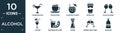 filled alcohol icon set. contain flat cosmopolitan, cappuccino, planter\'s punch, paper cup, glass of wine, lagoon, watermelon