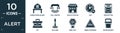 filled alert icon set. contain flat firefighter helmet, call center, police station, 24h, fire button, kit, bollard, keep left,