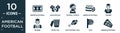 filled american football icon set. contain flat american football field top view, shoulder pad, football trophy, american football