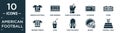 filled american football icon set. contain flat american football jersey, yard marking, hand with extended pointing finger,