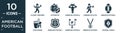 filled american football icon set. contain flat playing throwing the ball in his hand, stopwatch, american football cheerleader