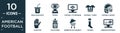 filled american football icon set. contain flat soda glass with a straw, trophy, football tv program, football t shirt with number