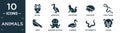 filled animals icon set. contain flat big owl, albatross, fox sitting, porcupine, coral snake, crow, aquarium octopus, flamingo,