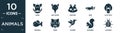 filled animals icon set. contain flat boar, ant eater, racoon, pike, platypus, piranha, tiger, colibri, squirrel, ladybug icons in