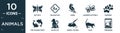 filled animals icon set. contain flat buttefly, walking dog, robin, japanese butterfly, pawprint, two golden carps, black cat,
