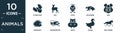 filled animals icon set. contain flat flying dove, roe, chick, wolverine, hog, hegdehog, grasshopper, hippo, goose, wild horse