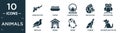 filled animals icon set. contain flat japan koi fish, caviar, hamster ball, bug on leaf, big eyes owl, swallow, kennel, drunk, Royalty Free Stock Photo