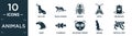 filled animals icon set. contain flat sea lion, snow leopard, bedbug, moth, groundhog, hawk, clownfish, philippine tarsier, ermine Royalty Free Stock Photo