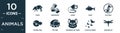 filled animals icon set. contain flat tapir, pawprints, leash, carp, no dogs, puffer fish, pet bed, japanese cat head, flock of Royalty Free Stock Photo