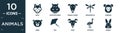 filled animals icon set. contain flat wolf, hippopotamus, female sheep, dragonflay, baboon, mink, ray, goat, ostrich, rabbit icons