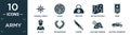 filled army icon set. contain flat cardinal points on winds star, radar, first aid, militar strategy, rank, militar, two branches