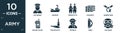 filled army icon set. contain flat lieutenant, warship, terracotta, dynamite, barbed wire, walkie talkie, two bullets, veteran,