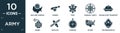 filled army icon set. contain flat map and compass orientation tools, cannon, toxic, cardinal points on winds star, ovni military