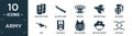 filled army icon set. contain flat shoulder strap, military knife, knuckle, fighter plane, explosive, gun, militar in, bulletproof