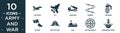 filled army and war icon set. contain flat air force, jet, launcher, barbed, granade, patriot, militar tent, ship, militar radar,