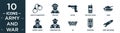 filled army and war icon set. contain flat pair of handcuffs, officer, glock, two way radio, tank, secret agent, conscription, in