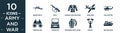 filled army and war icon set. contain flat sniper rifle, rifle, camouflage military clothing, airplane, helicopter, binoculars,