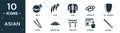 filled asian icon set. contain flat ninja, claw, tang, knuckles, sky lantern, sticks, bamboo hat, torii gate, training, katana