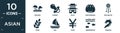 filled asian icon set. contain flat penjing, dummy, dojo, xiaolongbao, bolang gu, spike, sail, yuan, underwater, dragon icons in