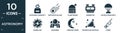 filled astronomy icon set. contain flat astronaut ingravity, meteorite falling, planetarium, generator, capsule parachute, gamma