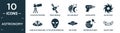 filled astronomy icon set. contain flat telescope pointing up, space module, day and night, gun blaster, black hole, alien with