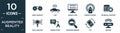 filled augmented reality icon set. contain flat video console, car, binary code, finger control, technical support, data analysis