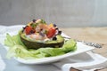 Filled avocado with shrimps, tomatoes, mayonnaise and cress garnish on lettuce and a white plate, light rustic background, festive