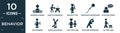 filled behavior icon set. contain flat engineer working, man with barbecue, man with tool, singer with microphone, stick man