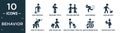 filled behavior icon set. contain flat man sweeping, brushing teeth, two men meeting, man running, man and dog, sitting with
